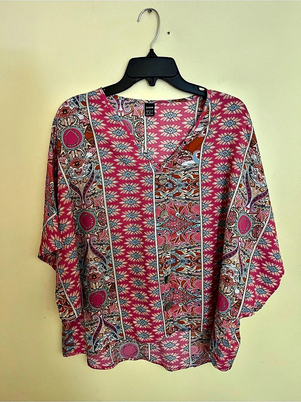 SHEIN Paisley Button Front Blouse in Pink & Blue Size Medium